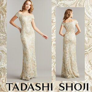 TADOSHI SHOJI Gold & Cream Blanchett Metallic V-Neck Gown